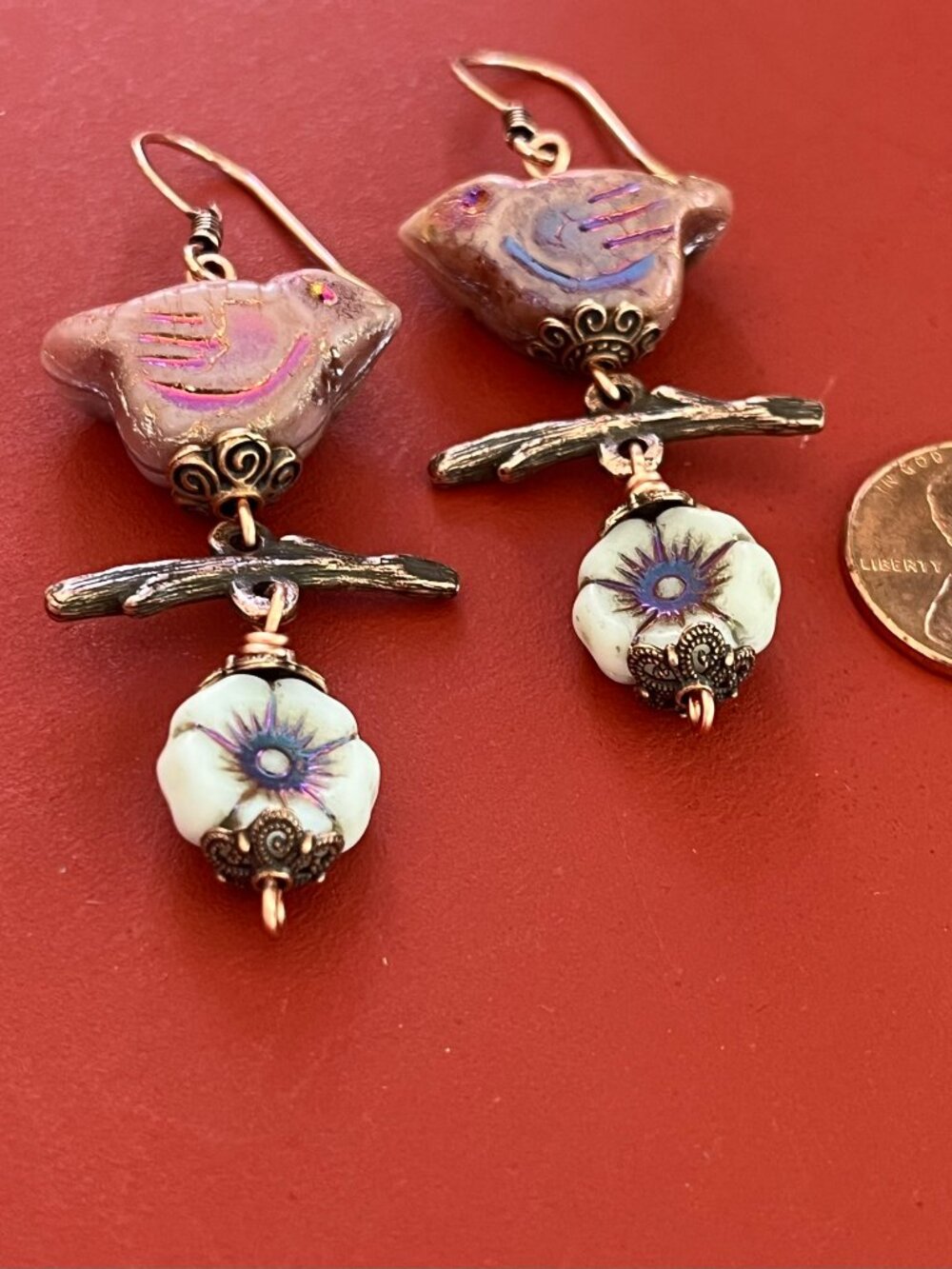 Whimsical Bird and Flower Earrings | Boho Nature Dangle Copper Earrings - Picture 6 of 9